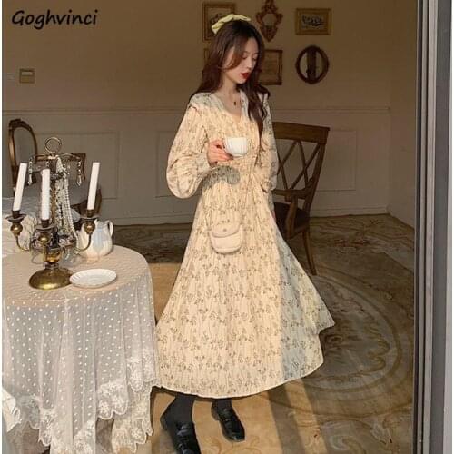Women Floral Dress French Style Temperament Princess V-neck Full Sleeve Spring Fresh Loose Female Fashionable Retro Hot Selling