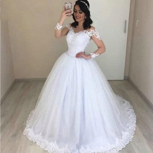 Robe de soiree Ball Gown Wedding Dress 2019 Long Sleeve V-Neck Tulle Applique Lace Bridal Gown White Long Bride Dress Plus Size