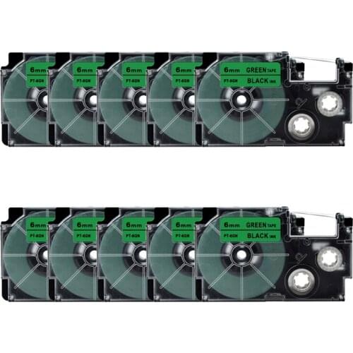 10PCS Compatible for Casio XR-6GN Black on Green 6mm 1/4" PT-6GN Tape label Cartridge for EZ label Printer KL-60 KL-750 KL-1500