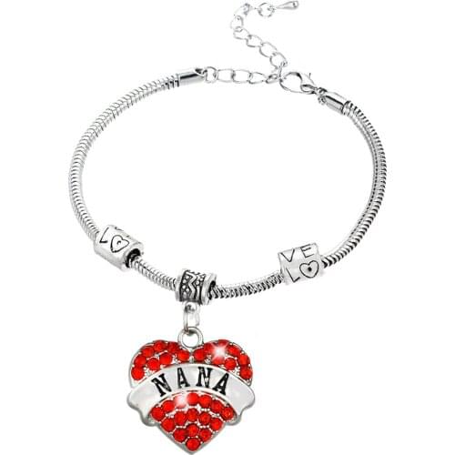 12PC Red Crystal Rhinestone Heart Charm Pendant Bracelets Nana Bangles Family Grandma Grandmother Jewelry Gifts Love Bead Chain