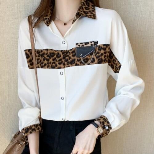 2021 Spring Leopard Print Satin Shirt Women Splicing Long Sleeve Turn Down Collar Blouse Korean Fashion Clothing Office Ladies
