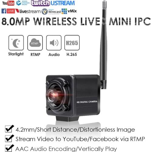 4K 8.0MP Wireless WiFi Distortionless Mini Cube Live Streaming IP Camera Streaming Live Video to YouTube/Facebook by RTMP WAudio