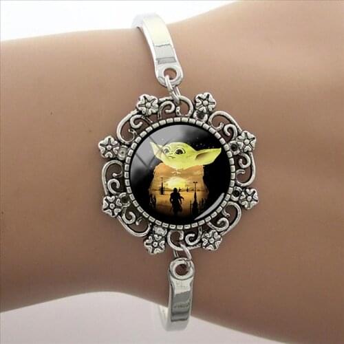 Disney Cartoon Animation Cute Yoda Baby Play Art Photo Glass Dome Bracelet Star Wars Fashion Ladies High Quality Lace Bracelet