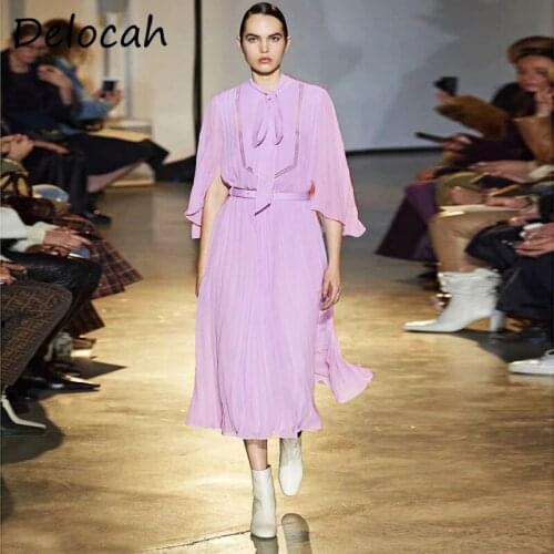 Delocah Women Summer Fashion Runway Party Midi Dress Half Sleeve Bow Lace Hollow Out Sashes Pleated Ladies Dresses vestidos 2021