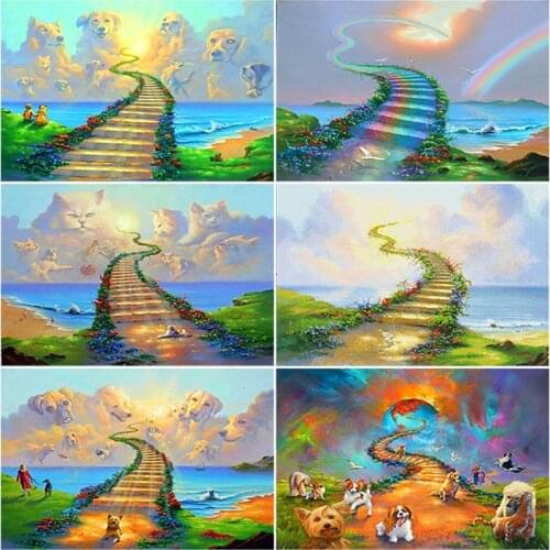 DIY 5D Diamond Painting Rainbow Bridge Dog Full Round Drill Cross Stitch Diamond Embroidery Mosaic Rhinestones Home Decor Gift