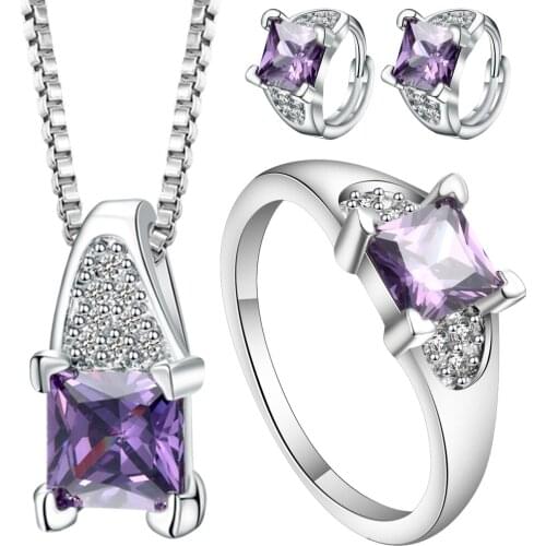 Elegant Cubic Zirconia Purple And Pink CZ Jewelry Sets Female Bijoux Necklaces Earrings Rings Jewelry For Engagement Gifts