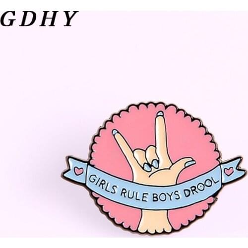 GDHY Punk Girls Rule Boys Drool Enamel Pins Feminist Pink Round Gesture brooches badges clothes Lapel jewelry gifts for women