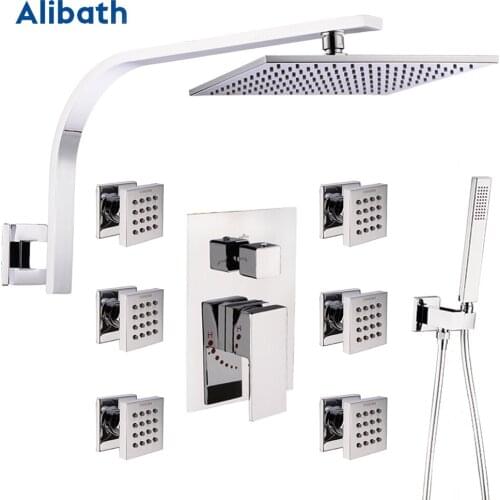 Chrome Wall-mounted Shower Faucet set 3 Water Outlet With Brass Shower Single Handle and Shower Head With 8"10"12"