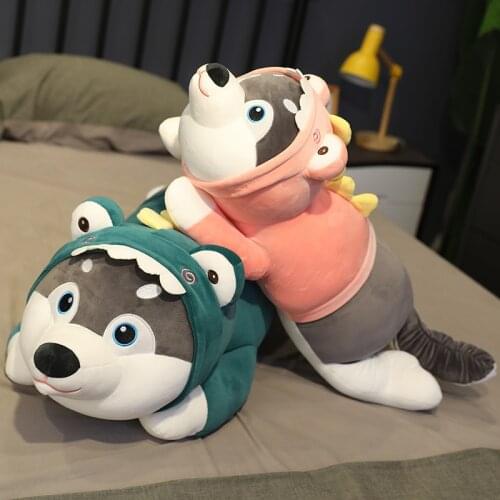 60/80/100cm Funny Plush Toy Dressed Husky Doll Stripe Sweater Soft Lying Stuffed Cushion Dog Animals For Kids Birthday Gift