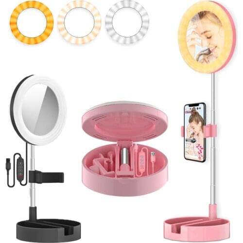 6 Inch Desktop Ring Light With Tripod Mobile Phone 3 Colors LED Selfie Ring Lamp Folding Makeup Beauty For Live Youtube Tik Tok