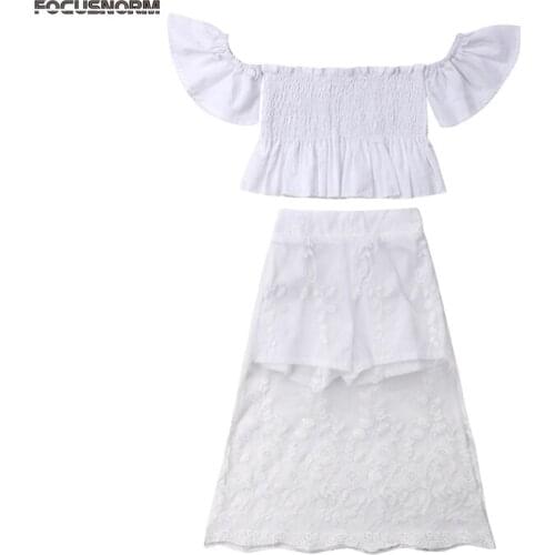 Cute Toddler Kids Baby Girl Summer White Lace Floral Sunsuit Off Shoulder Crop Tops Long Skirts Dress Romper Outfits Set Clothes