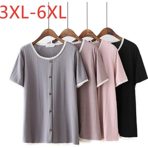 New 2021 Ladies Summer Plus Size Tops For Women Large Short Sleeve Loose Cotton Button Gray Lace O-neck T-Shirt 3XL 4XL 5XL 6XL