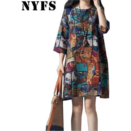 NYFS 2021 New Spring Autumn Vintage Print Cotton Linen Dress Short Sleeve loose Woman Dresses Vestidos Robe M-4XL Size
