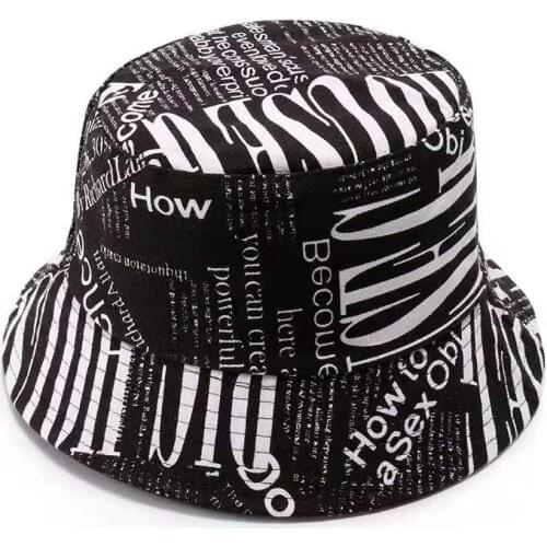 Black White Letter Graffiti Printed Reversible Bucket Sun Hat Fashion Fisherman Hats Men Women Street Hip Hop Panama Fishing Cap