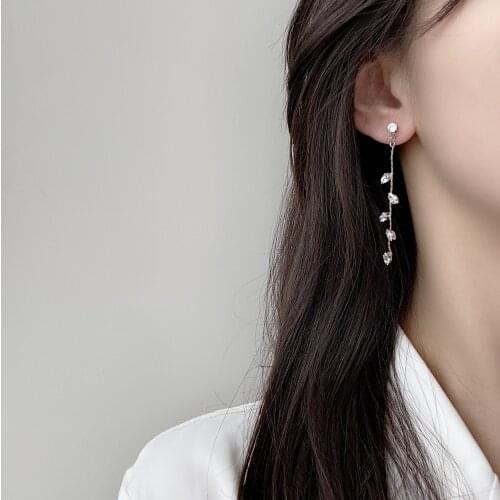 Silver Plated Crystal Leaf Tassel Drop Earrings For Women Wedding Fashion Jewelry Gift