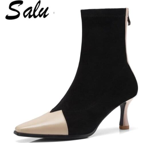 Salu Women Genuine leather Boots Fashion Lady Combat Ankle Casual Boots Biker Female Short zipper Boots