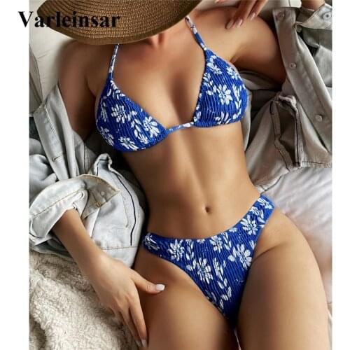 Sexy Wrinkled Halter Flower Printed Bikini Women Swimwear Female Swimsuit Two-pieces Bikini set Bather Bathing Suit Swim V3123