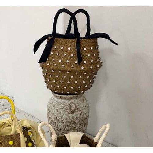 Hand Embellished Straw Bag With Pearl Ladies Woven Basket Straw Bag With Diamonds Messenger Bag For Women Handbags and Purses