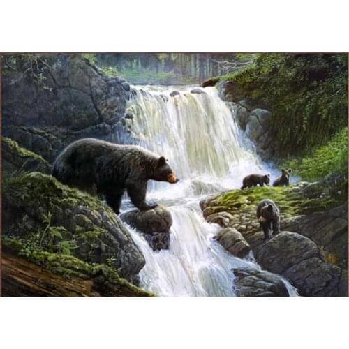 Modern Home Sitting Room Decor Art Wall Decoration Waterfall Animal Black Bear Oil Painting Picture Printed on Canvas