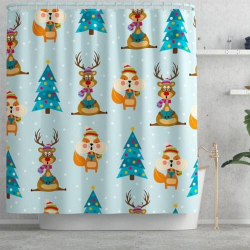 Polyester Bathroom Christmas Style Cartoon Print Shower Curtain 180*180cm With Hooks