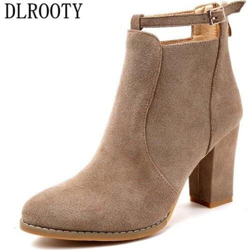 Women Ankle Boots Martin High Heels 2018 Autumn Flock Female Casual Shoes Woman Fashion Pointed Toe Platform Solid Thick heel