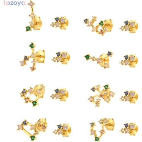 LOZOYA 925 Sterling Silver Gold Pisces Women Colorful Gemini Zodiacs Stud Earring Aries Piercing Pendiente Spring Jewelry