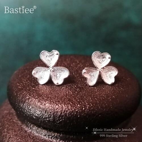 Bastiee 999 Sterling Silver Clover Flower Stud Earrings For Women Small Earing Studs Miao Silver Luxury Jewelry Hmong Handmade