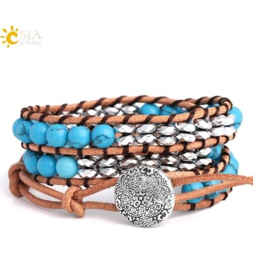 CSJA Multilayer Wrapped Bracelets Bangles Blue Turquoises Howlite Beads Two Row Leather Handmade Braided Jewelry for Women F611