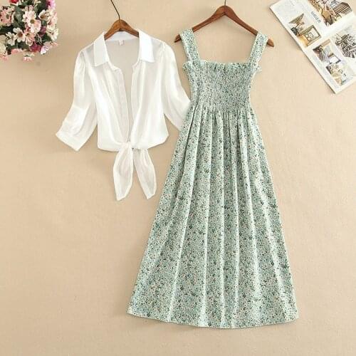Women Summer New Two Pieces Sets Lantern Sleeve Chiffon Shirt Top + Long A Line Ruffle Spaghetti Strap Flower Printed Dress Suit