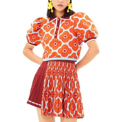 High Fashion 2 Piece Set Women 2021 Contrast Jacquard Knit Top and Skirt Set Lapel Puff Sleeve Corp Top + Irregular Mini Skirt