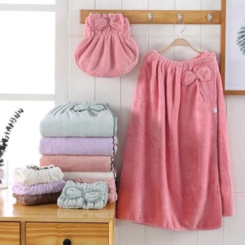 Women Bath Shower Towel Bow Decoration Towel Skirt Coral Fleece Dry Hair Cap One Size Home Bathroom Toalla Serviette De Plage