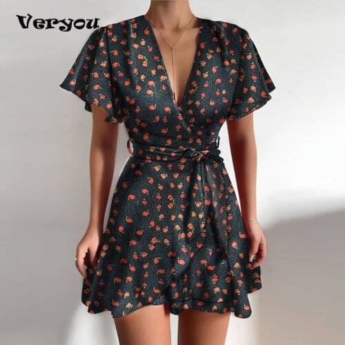 Summer Women Dress Butterfly Sleeve Polka Dot Floral Print V Neck High Waist Sashes Dress Vintage Female Mini Red Vestidos 2021