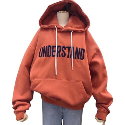 Winter Korean Fashion Clothes Women Hoodie Long Sleeve Sweatshirt Embroidered Harajuku Understand Letters Orange Red Pullover