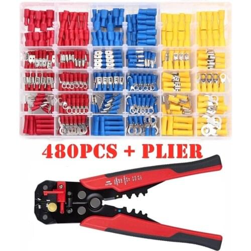 480PCS Insulated Cable Connector Electrical Wire Crimp Spade Butt Ring Fork Ring Lugs Rolled Terminals + Self Adjusting Plier