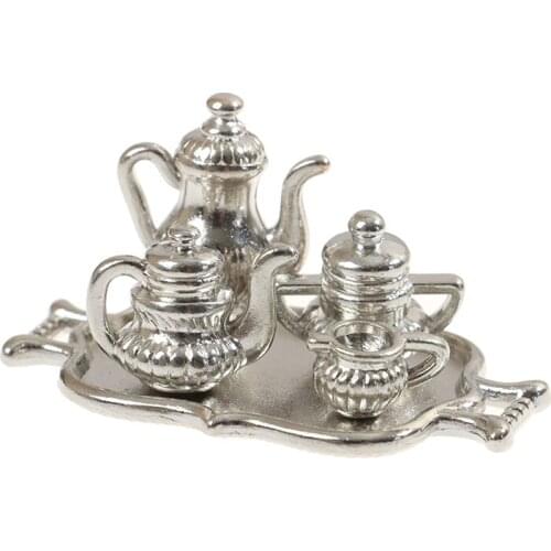 5pcs/Set 1:12 Dollhouse Miniature Metal Kitchen Tea Set Pot Flagon Plate Model For Dollhouse Decals New