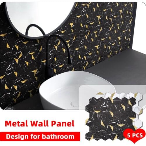 5pcs Black White Gold Metal Backsplash DIY Wall Panel Peel and Stick Tile Waterproof Bathroom Kitchen Self Adhesive Decoration