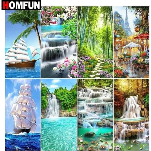 HOMFUN 5D Diamond "Waterfall boat tower view" Diamond Embroidery Full Round/ Square Diy Diamond Painting Cross Stitch Home Decor