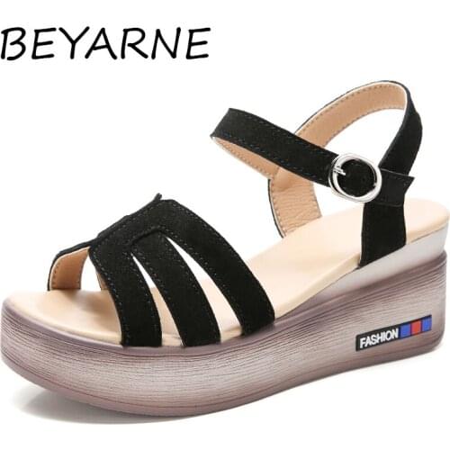 BEYARNEGenuine Leather Summer Women Shoes Cow Suede Platform Women Sandals Female Slides Ladies Mother Shoes High Heel 6.5CM San