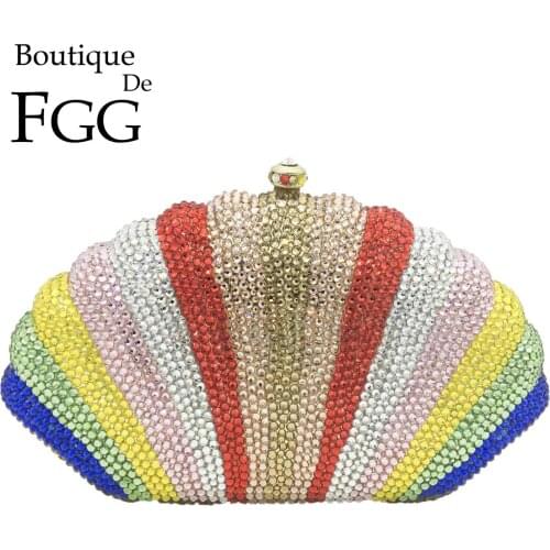 Boutique De FGG Shell Shape Women Rainbow Crystal Clutch Purse Metal Minaudiere Evening Bags Party Cocktail Rhinestone Handbags