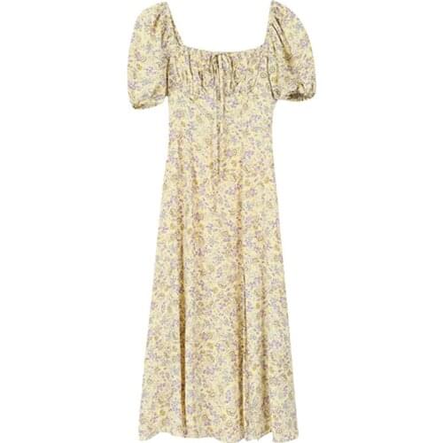 Floral Chiffon Women Dresses Summer New 2021 Sweet Style Square Collar Puff Sleeved Slim A-Line Knee-Length Female Clothing