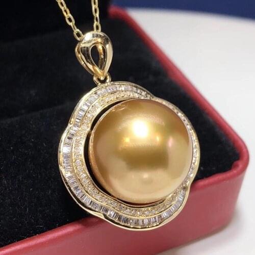 D123 Fine Jewelry 18K Gold Natural Ocean Sea Golden Pearl 14-15mm Diamonds Pendants Necklaces for Women FIne Pearls Pendants