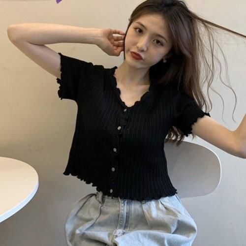 Womens Fashion V-neck Button Short Section Knitted Short T Shirt