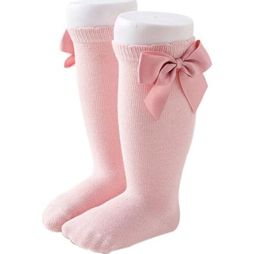 Children Kids Baby Girls Stockings Solid Color Bow Decor Cute Princess Knee High Warm Autumn Winter For 0-7T