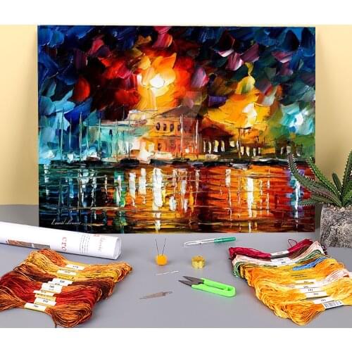Oil Painting Style Harbor Printed Canvas 11CT Cross Stitch DIY Embroidery Kit DMC Threads Handiwork Handicraft Craft Magic