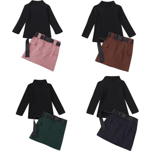 Fashionable Kids Skirt Suit, Long Sleeve High Collar Knitted Sweater Solid Color Short Skirt with Pockets Belt 1-6 Years