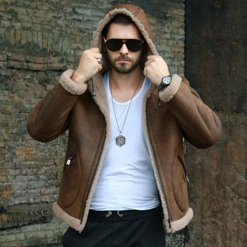 New Mens Brown Shearling Coat B3 Bomber Jacket Short Fur Coat Hooded Motorcycle Jacket Sheepskin Coat