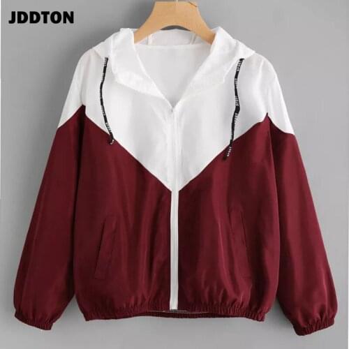 JDDTON Womens Hooded Jacket Patchwork Windbreaker Color Block Spring Autumn Multicolor Coat Casual Female Outwear EU Size JE288