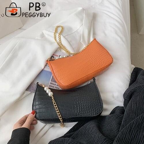Fashion Women Alligator Pattern Bags Pure Color Pearl PU Purse Shoulder Hobos Women Leather Bags Luxurious Chains Messenger Bag
