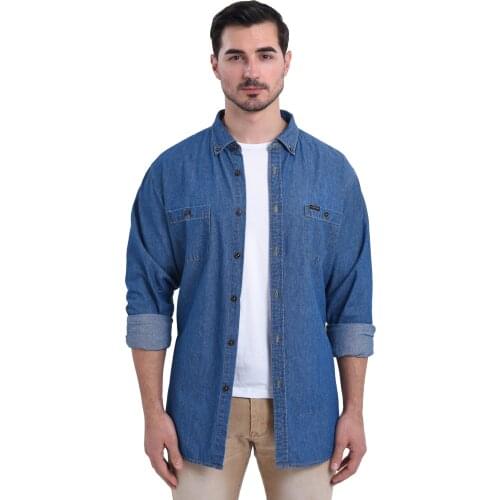 VOBOOM Mens Denim Shirt Long Sleeve Shirt Cotton Casual Workwear With Pockets Clothing Spring Autumn