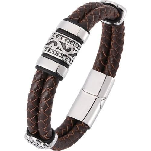 New Design Vintage Men Jewelry Brown Double Braided Leather Bracelet Men S.Steel Punk Leather Bangle Man Accessories Gift SP0377